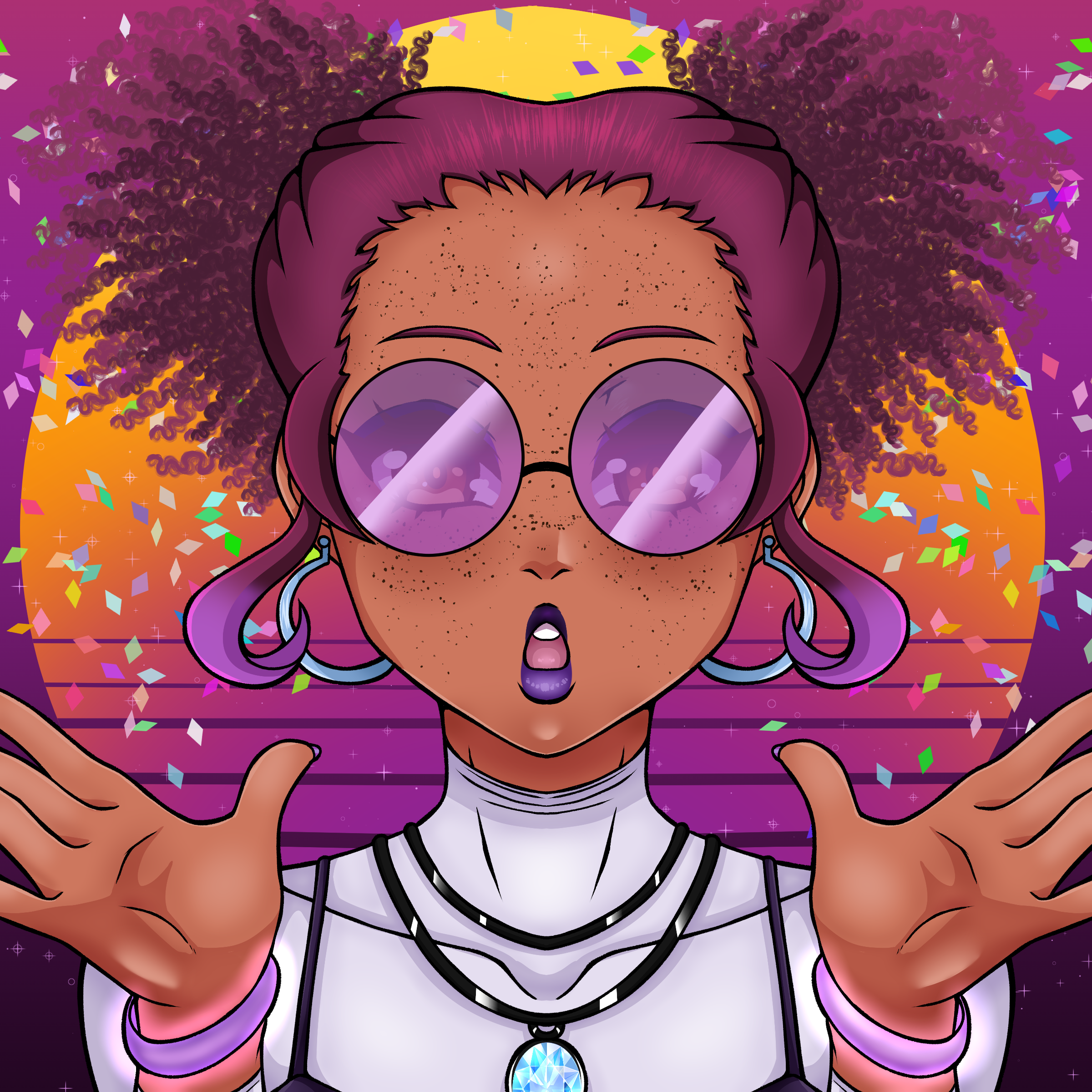 2D Freckled woman with gradient glasses and confetti in the air