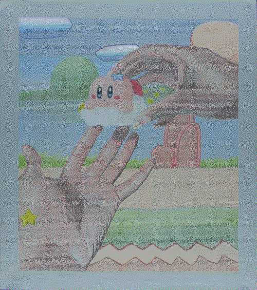 Two hands holding a Kirby & Warp Star Figurine with a Green Greens stage background