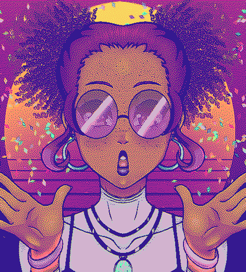 A girl with sunglasses throwing confetti in the air with a vaporwave sun background