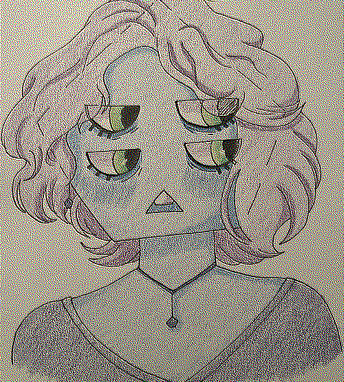 A girl with a pentagon head, four green eyes, short purple hair, with one tooth