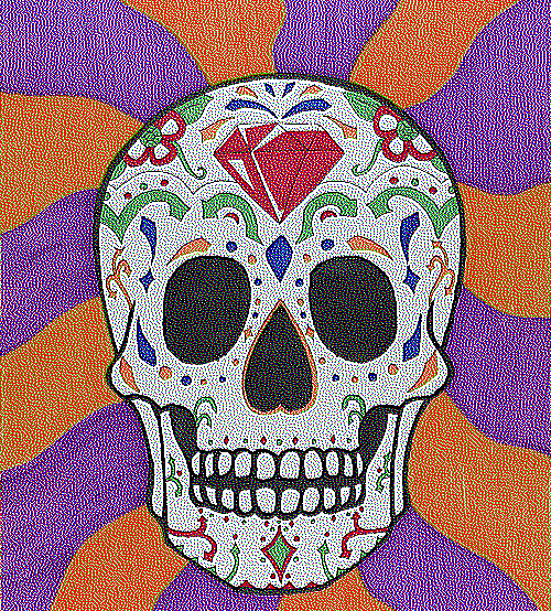 A skull with a large red gem on the forehead and colorful patterns decorated on it